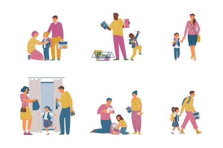 Back To School Vector Collection. Parents With Children Getting Ready For School, Buying Supplies, Uniform, Packing School bag, Walking To School.のイラスト素材