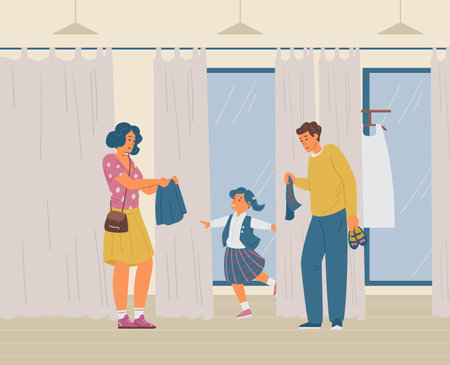 Parents With Daughter Choosing School Uniform In Clothes Store. Happy Girl Trying On New School Form In Fitting room. vector illustration.のイラスト素材