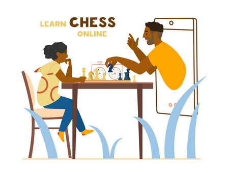 Online Chess Education Concept. African American Girl Sitting At Table With Chessboard And Chess Timer. Teacher Holding Knight Shows How To Play From Smartphone. vector illustration.のイラスト素材