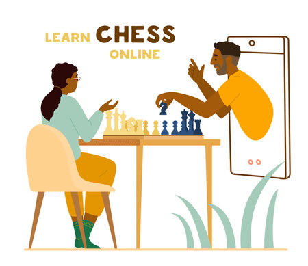 Afro american Woman Learning To Play Chess Online Flat Vector Illustration. Teacher Holding High Shows How To Play From Smartphone.のイラスト素材