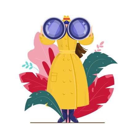 Woman detective looking through binoculars. flat style. Tropical leaves in the background.のイラスト素材