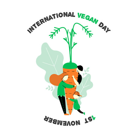 International vegan day vector illustration. Family hugging big carrot. Healthy lifestyle and vegetarian eating. Vegan family. flat.のイラスト素材