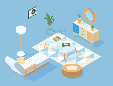 Vector Isometric Scandinavian Living Room Interior With Deckcair, Glass Jurnal Table, Drawer, Plants, Carpet And Decorations Illustration.のイラスト素材