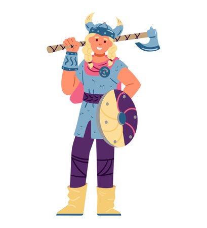 Girl in Halloween costume of viking vector illustration isolated on white.のイラスト素材