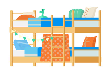 Wooden Bunk Bed With Pillows, Toys And Decorations. Kid's Room Furniture Flat Vector Illustration. Isolated On White.のイラスト素材