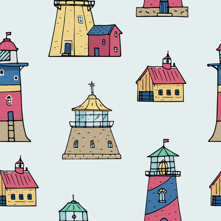 Retro Lighthouses colored doodle vector seamless pattern.のイラスト素材