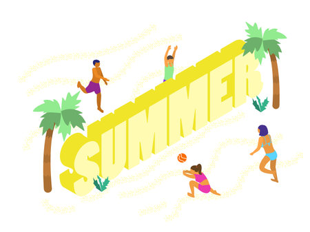 Isometric banner with people playing beach volley over the summer lettering. summer activities. beach scene.のイラスト素材