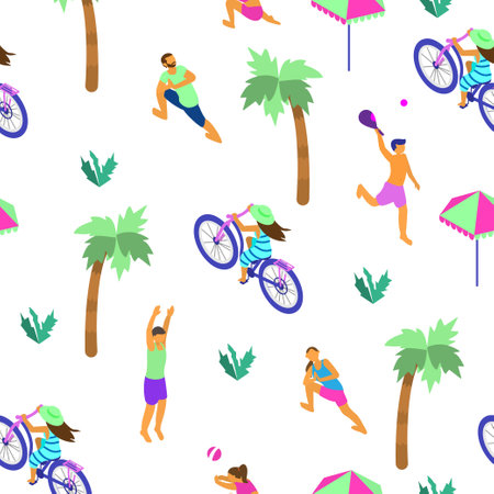 Vector seamless pattern with tiny isometric people doing summer sports. Summer activities.のイラスト素材