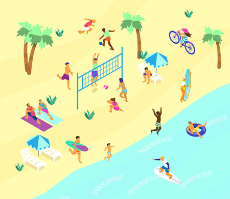 Isometric beach scene with lots of different people doing summer sports and relaxing. Summer outdoor activities. Beach volley, soccer, surfing, yoga on the beach, bike ride.のイラスト素材