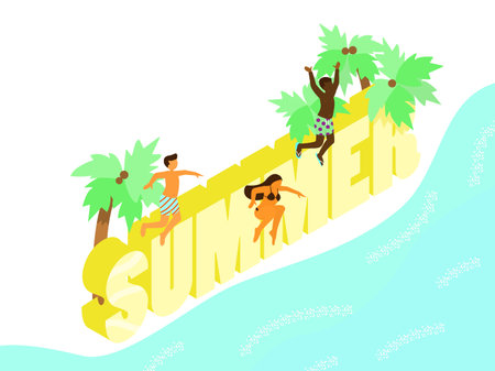 Isometric vector illustration of tiny people of different ethnicity jumping to the sea from big word Summer. Isometric lettering.のイラスト素材