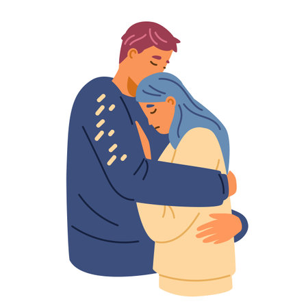 Sad couple hugging comforting each other vector illustration. People in sorrow embracing to support each other.のイラスト素材
