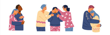 People supporting each other flat vector set. Friends hugging comforting grief and sorrow illustrations.のイラスト素材