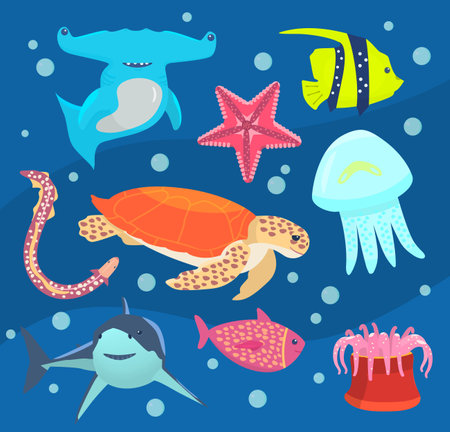 Vector set on underwater world theme. Underwater animals set.のイラスト素材
