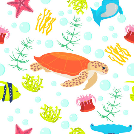 Vector seamless pattern on underwater theme on dark blue background. Underwater animals and plants.のイラスト素材
