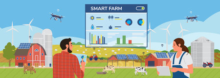 Smart Farm Horizontal Vector Banner. Man And Woman Farmers Holding Tablets Managing Farm With Special App With All Farming Data. Rural Scenery With Solar Panels, Windmills, Drones, Cows, Tractor.のイラスト素材