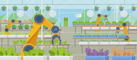 Greenhouse With Agriculture Automated Robots Working Flat Vector Horizontal Background. smart farming.のイラスト素材
