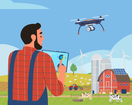 Smart Farm Concept. Farmer Holding Tablet Managing Farm With Application For Remote Control. Rural Scenery With Solar Panels, Windmills, Drones, Cows, Tractor.のイラスト素材