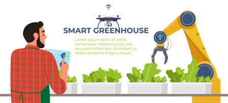 Smart Greenhouse Flat Vector Banner. Farmer Holds Tablet With Application For Remote Control .Agriculture Automated Robot Near Salad Plantation.のイラスト素材