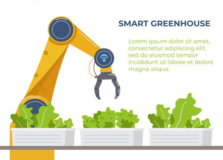 Smart Greenhouse Flat Vector Banner. Agriculture Automated Robot Near Salad Plantation.のイラスト素材