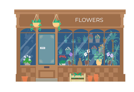 Vector Flower Shop Building Front Flat Illustration. Showcase With Plants And Flowers In Buckets And Pots. Isolated On White.のイラスト素材