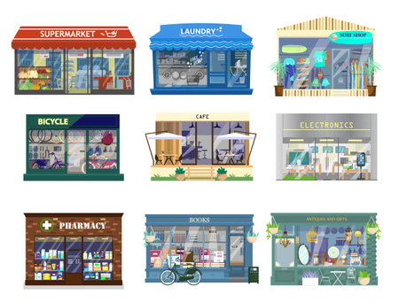 Vector set of shop buildings. Supermarket, laundry, surf shop, bikes, cafe, electronics, pharmacy, books, antiques and gifts. store showcase. flat illustration.のイラスト素材