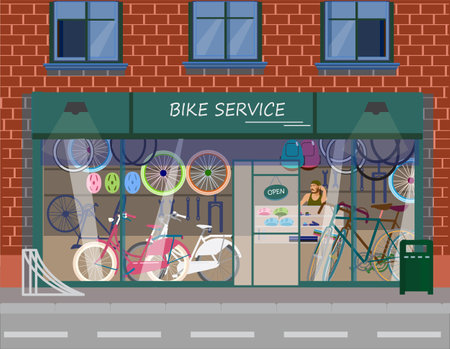 Vector illustration of bike service in a brique building. Bike components and accessories: tires, wheels, helmets, forks. flat style.のイラスト素材