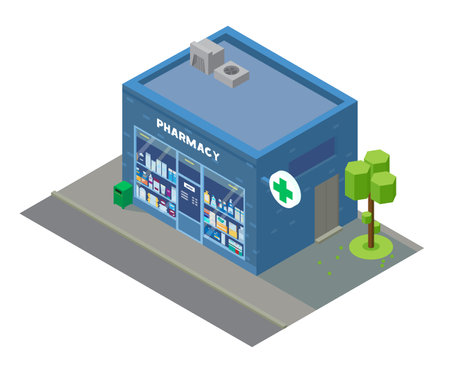 Vector Isometric Pharmacy Building With Showcase With Drugs And Cosmetics. Isometric city building.のイラスト素材