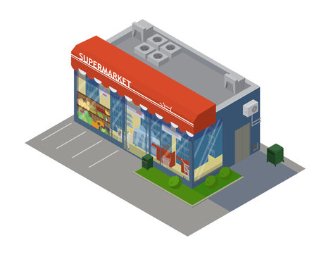 Vector Isometric Supermarket Building With Showcase With Groceries. Isometric Shop Building With Parking Place.のイラスト素材