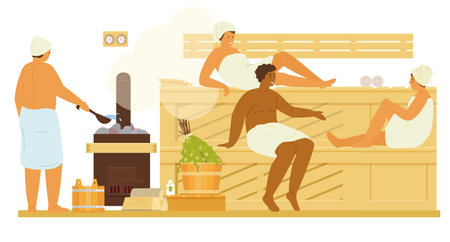 Men And Women In Towels In Sauna Or Banya With Steam Relaxing. Bathhouse Interior Wooden Bench, Birch Brooms, Stove With Firewood, Buckets, Thermometer, Eseential Oils. Flat Vector Illustration.のイラスト素材