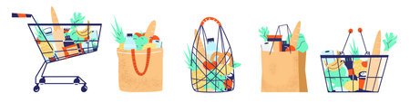 Full shopping bags, baskets, cart, string bag with groceries set. Fruits, vegetables, baguette, canned food. Grocery purchase. isolated on white. Flat vector illustration.の写真素材