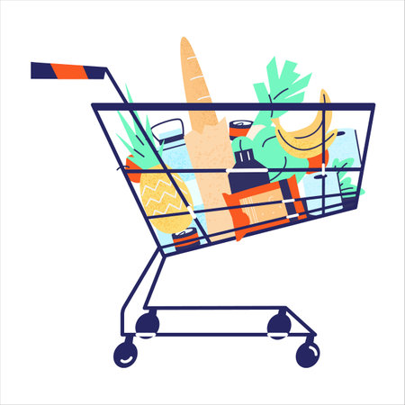 Supermarket shopping cart full of groceries. isolated on white. Flat vector illustration.のイラスト素材