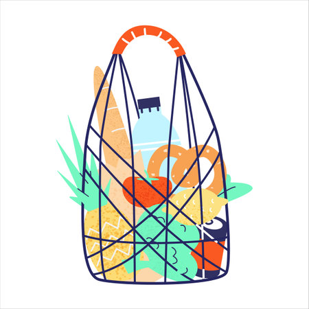Shopping String Bag Full Of Groceries. Milk, Bread, Broccoli, Pineapple, Lemon, Canned Food, Bagel. Isolated On White. Flat Vector Illustration With Textures.のイラスト素材