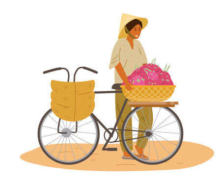 Asian Woman In Traditional Vietnamese Conical Hat Selling Dragon Fruits And Wicker Baskets From Bicycle. Asian Bazaar. Flat Vector Illustration.のイラスト素材