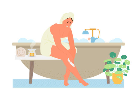 Self Care And Time For Yourself Flat Vector Illustration. Woman In Towel In Bathroom Puts On Body Cream.のイラスト素材