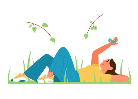 Harmony With Nature And Yourself Concept Flat Vector Illustration. Young Woman Laying On The Grass Holding Butterfly On Her Hand.のイラスト素材