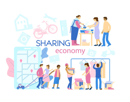 Sharing economy concept banner. Different aspects of sharing economy: car sharing, food and clothes donation.のイラスト素材