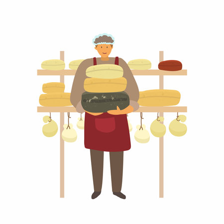 Vector illustration of cheese maker in apron and cap holding heads of cheese. local food production. Eat local concept. small business. hand drawn style.のイラスト素材