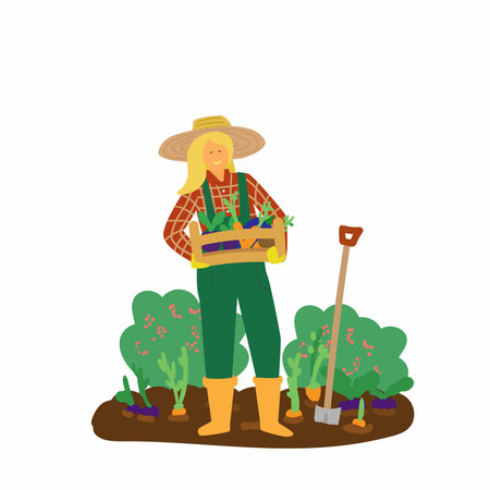 Vector illustration of woman farmer holding box with fresh vegetables. harvest. Eat local concept. small business. hand drawn style.のイラスト素材