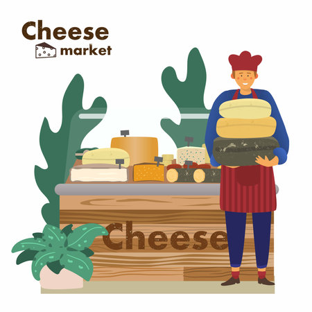 Cheese shop with seller at cheese market. Wooden trendy stall with different kind of cheese. farm market. Cheese maker character. Flat hand drawn vector illustration.のイラスト素材