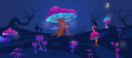 Night landscape with magic glowing mushrooms cartoon vector illustration. gaming background.のイラスト素材