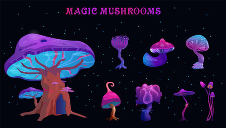 Glowing magic mushroom vector illustrations set.のイラスト素材