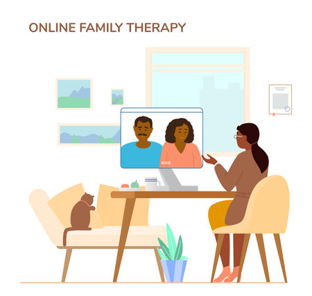 Online Family Therapy Concept Flat Vector Illustration. Woman Psychologist Or Psychotherapis Giving Online Session To African American Couple By Videoconference From Her Office.のイラスト素材