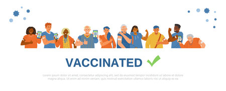 Multiracial people vaccinated flat vector banner. Young and senior men and women showing hands with patches after getting vaccine shot, holding smartphones with vaccination certificates.のイラスト素材