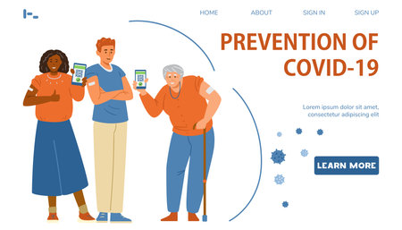 Vaccination against virus vector landing page template. Multiracial people showing hands with patches and holding phones with vaccination certificate.のイラスト素材