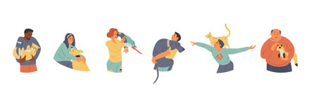 Vector Set Of Happy Pet Owners With Animals. Men And Women Holding, Hugging Cats, Dogs, Parrot, Ferret. isolated on white.のイラスト素材