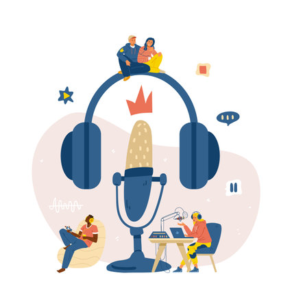 Podcast concept flat vector illustration. People around big microphone recording podcast show and listening to audio in headphones.のイラスト素材