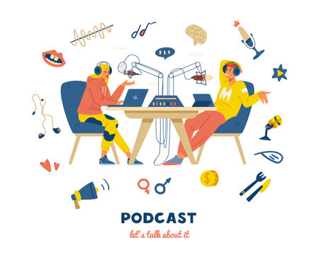Podcast concept vector banner. Podcasters recording podcast show in studio. Different thematic icons.のイラスト素材