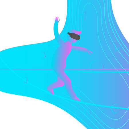Man in virtual reality walking a tightrope. vector illustration.のイラスト素材