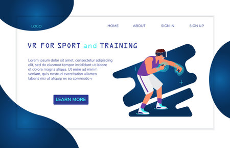 Virtual Reality For Sports And Training Landing Page Template Vector Design. Running Man In VR Headset Boxing.のイラスト素材