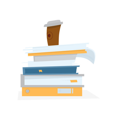 Vector Cartoon Illustration Of Stack Of Documents, Papers And Files With Coffee Cup On It. Isolated On White.のイラスト素材